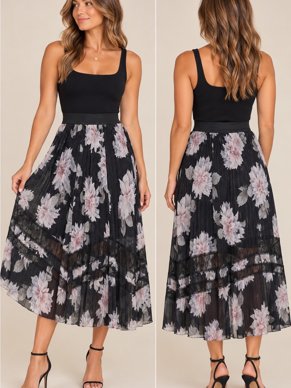 Ted Baker London Black Pleated Midi Skirt with Soft Pink Floral Print